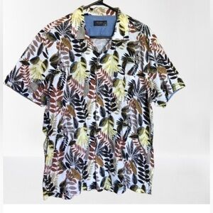 Men's Tropical Leaf Print Cotton Short Sleeve Button Up Shirt XL